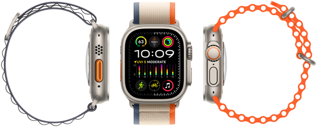 Apple Watch Ultra 2 showing compatibility with three different strap types, large display, rugged titanium case, orange action button and digital crown