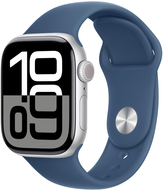   restore Apple Watch Series 10, 42 мм, корпус из алюминия цвета серебристый, спортивный ремешок цвета «синий деним» S/M