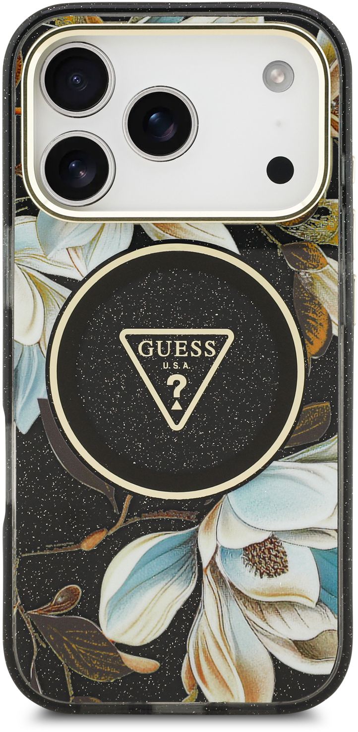 

Чехол Guess Glitter Flowers для iPhone 17 Pro Max, черный, Чехол Glitter Flowers для iPhone 17 Pro Max, черный