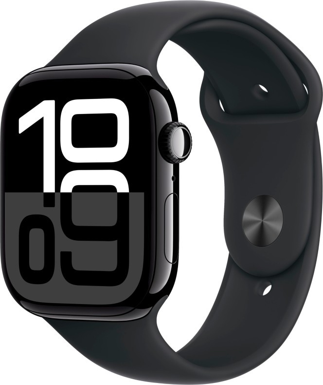  Apple Watch Series 10, 46 мм, корпус из алюминия цвета «чёрный глянец», спортивный ремешок черного цвета S/M