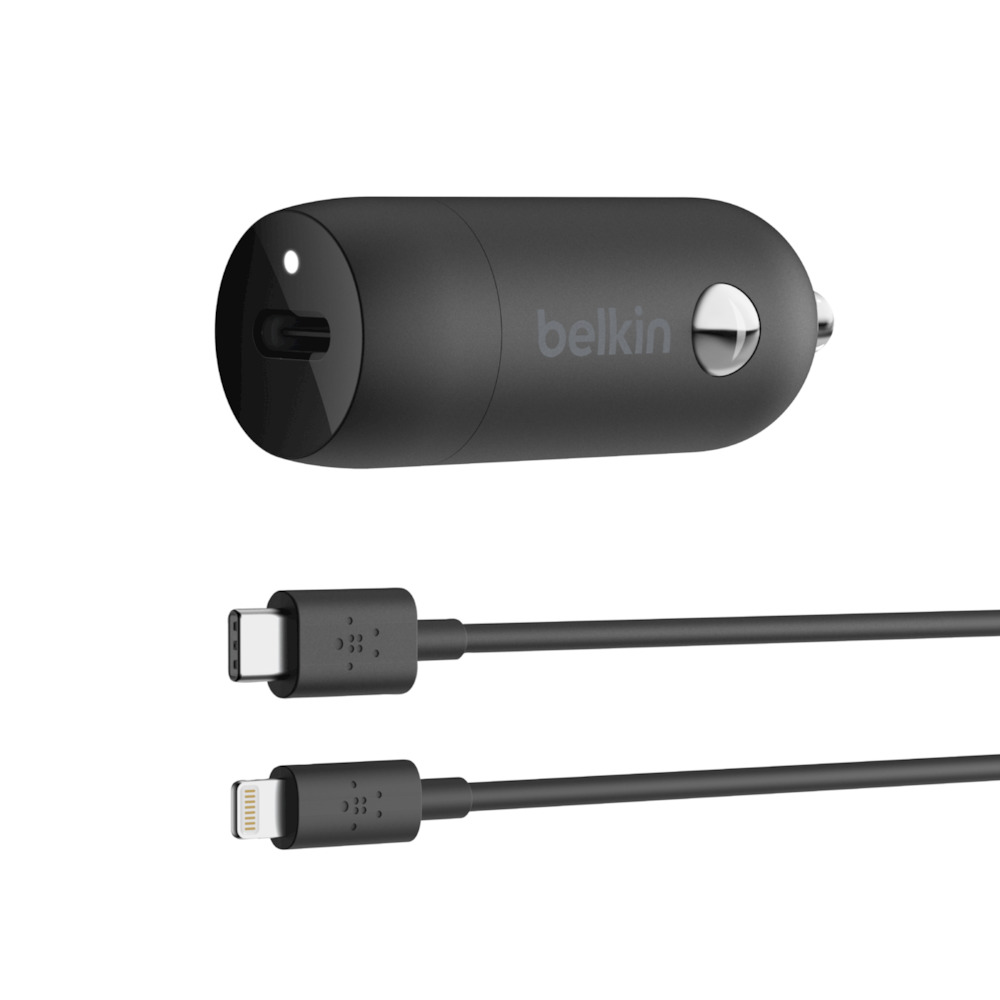 Автомобильное зарядное устройство 18 Вт, USB-C, PD + кабель USB-C/Lightning, черный