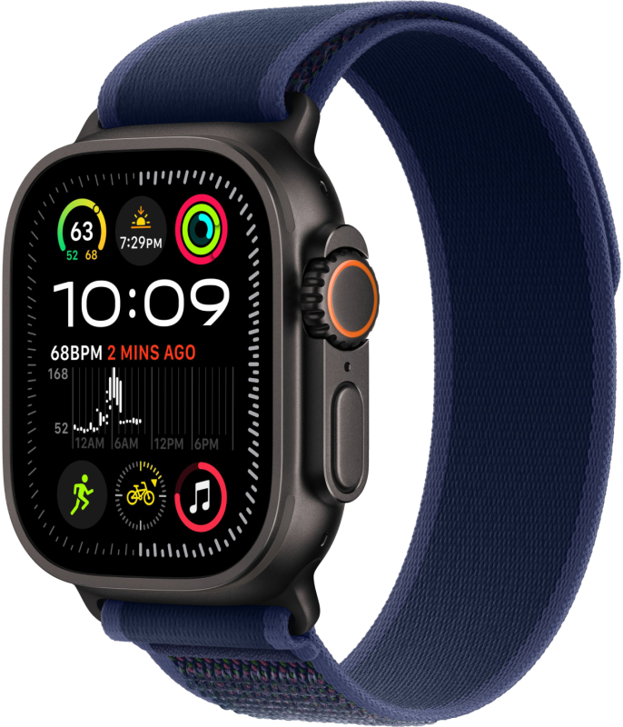 

Apple Watch Ultra 2 GPS + Cellular, 49 мм, корпус черного из титана, ремешок Trail голубого цвета, размер M/L, Голубой, Watch Ultra 2 GPS + Cellular, 49 мм, корпус черного из титана, ремешок Trail голубого цвета, размер M/L