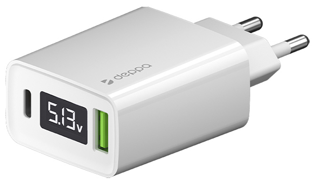 

Deppa Сетевое зарядное устройство USB-C + USB A, PD 3.0, QC 3.0, 30Вт, дисплей, белый