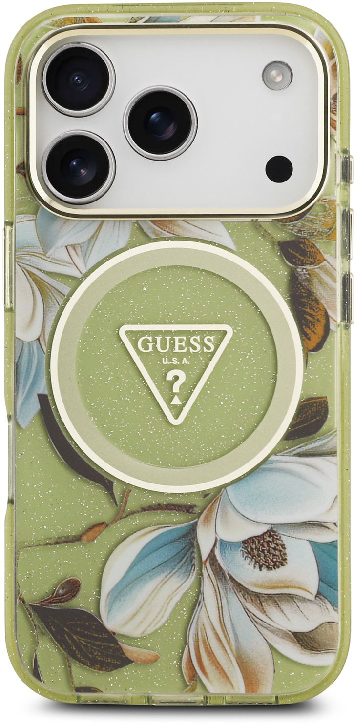 

Чехол Guess Glitter Flowers для iPhone 17 Pro Max, зеленый, Чехол Glitter Flowers для iPhone 17 Pro Max, зеленый