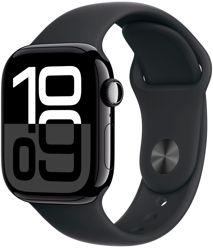  Apple Watch Series 10, 42 мм, корпус из алюминия цвета «чёрный глянец», спортивный ремешок черного цвета S/M