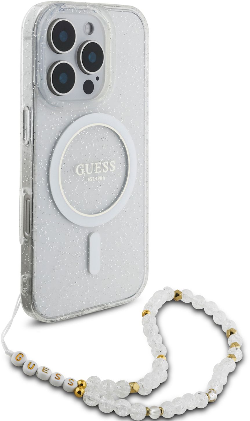 Guess Чехол Pearl MagSafe для iPhone 16 Pro Max + шнурок, прозрачный