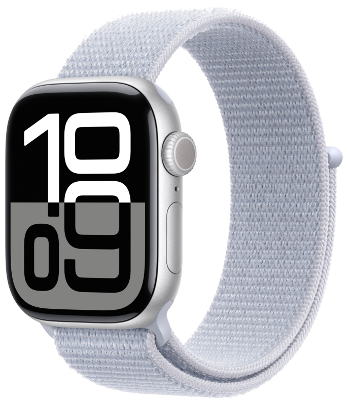  Apple Watch Series 10, 46 мм, корпус из алюминия серебристого цвета, спортивный браслет дымчато-голубого цвета