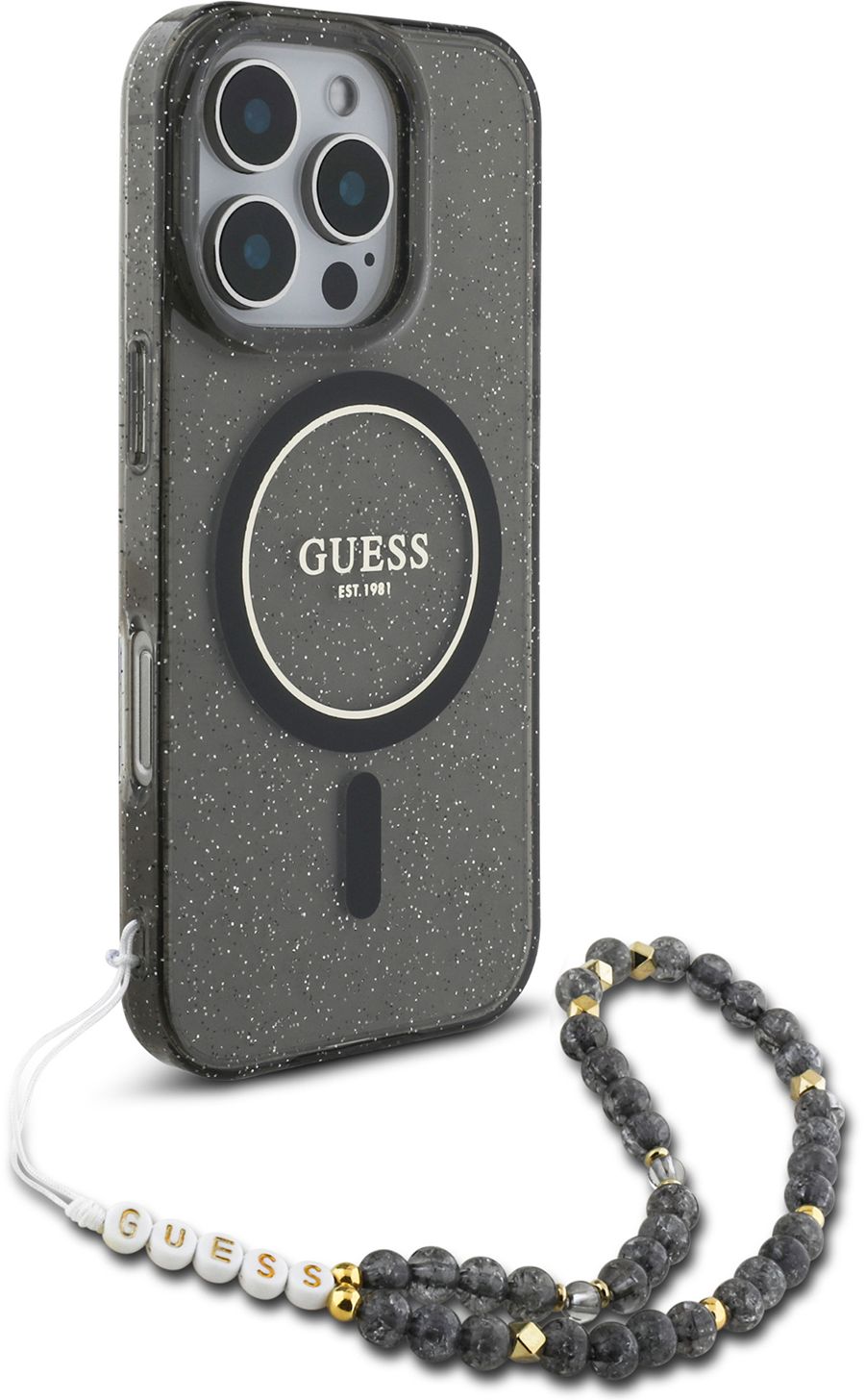 Guess Чехол Pearl MagSafe для iPhone 16 Pro + шнурок, черный