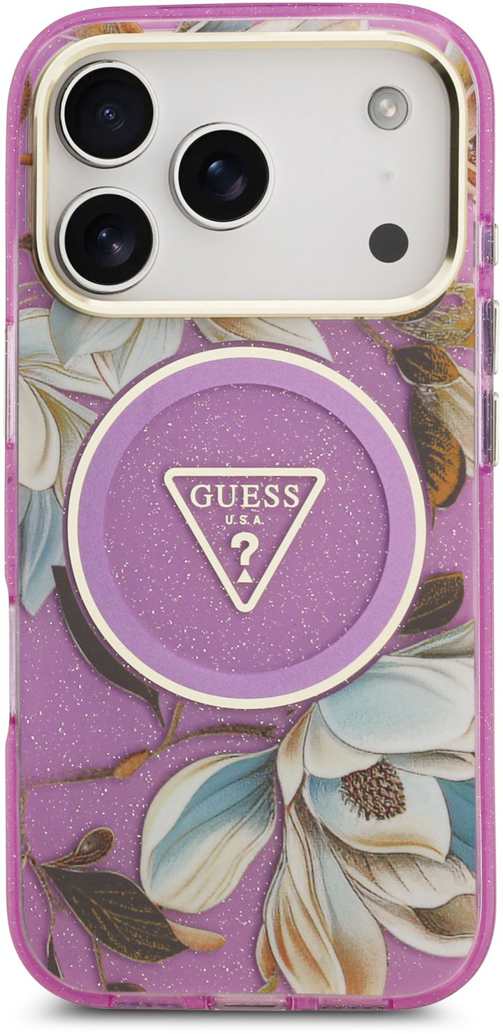 

Чехол Guess Glitter Flowers для iPhone 17 Pro, фиолетовый, Чехол Glitter Flowers для iPhone 17 Pro, фиолетовый
