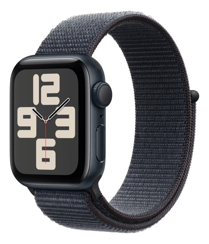  Apple Watch SE 2024, 40 мм, корпус из алюминия цвета «полуночный черный», спортивный браслет темно-синего цвета