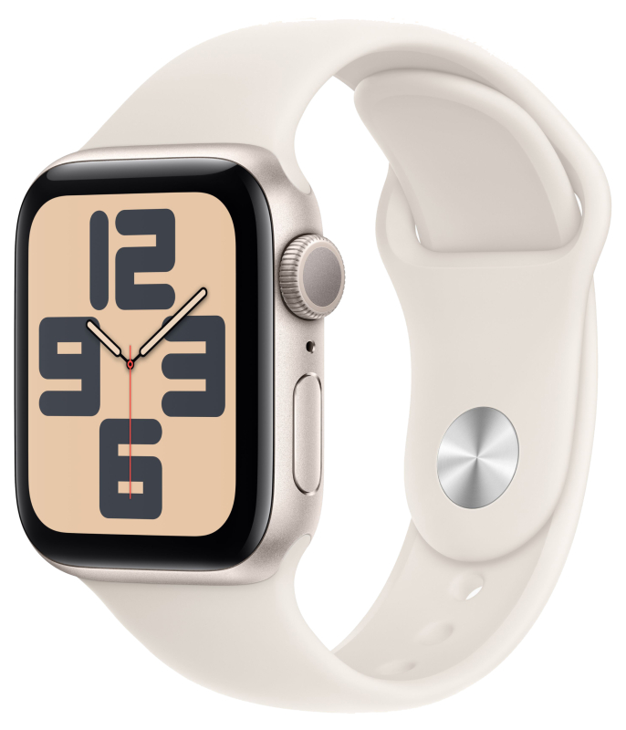 Apple Watch SE 2024, 40 мм, корпус из алюминия цвета «сияющая звезда», спортивный ремешок цвета «сияющая звезда» S/M