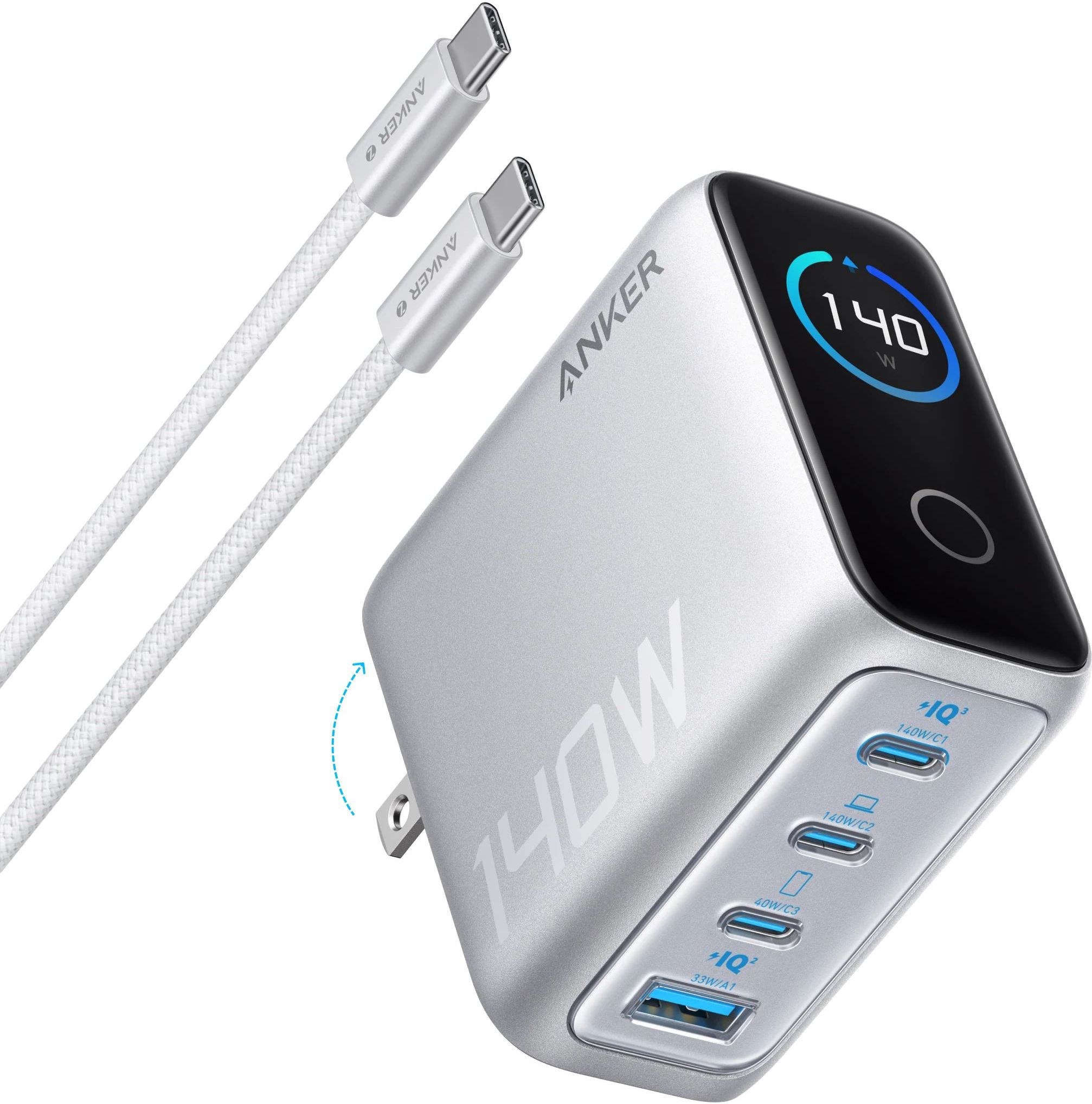 Сетевое зарядное устройство Anker USB-C, LCD, 140Вт, серебристый