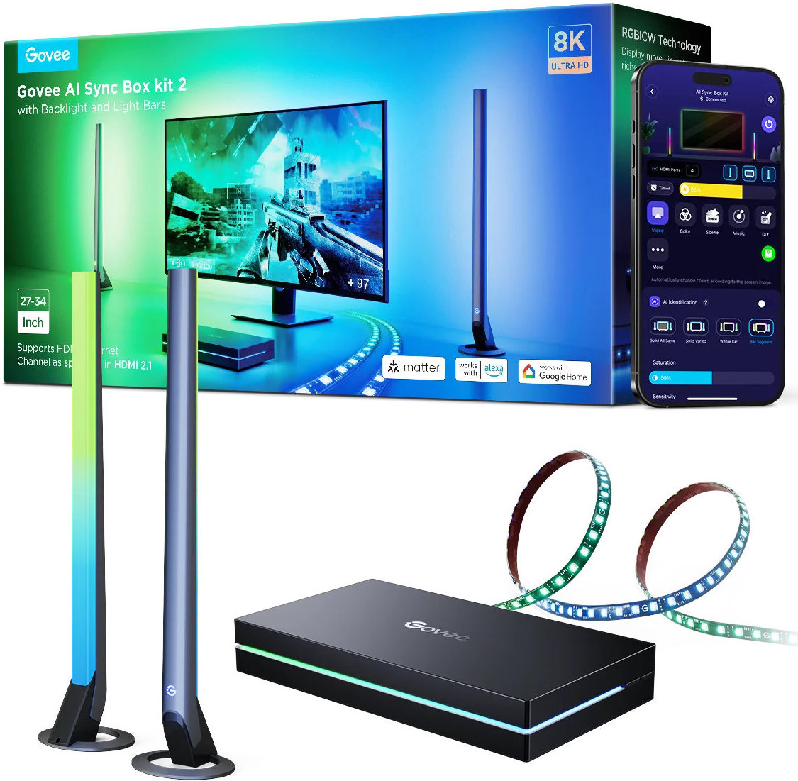 

Подсветка Govee RGBWIC AI Sync Box Kit 2 с функцией ИИ для телевизора 27-34", черный, Подсветка RGBWIC AI Sync Box Kit 2 с функцией ИИ для телевизора 27-34", черный