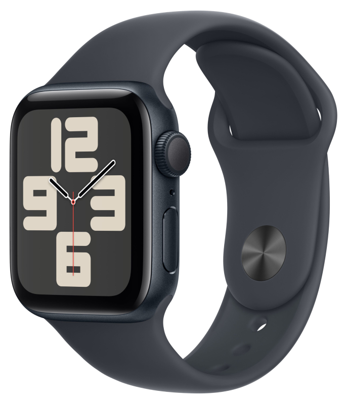  Apple Watch SE 2024, 40 мм, корпус из алюминия цвета «полуночный черный», спортивный ремешок цвета «полуночный черный» S/M