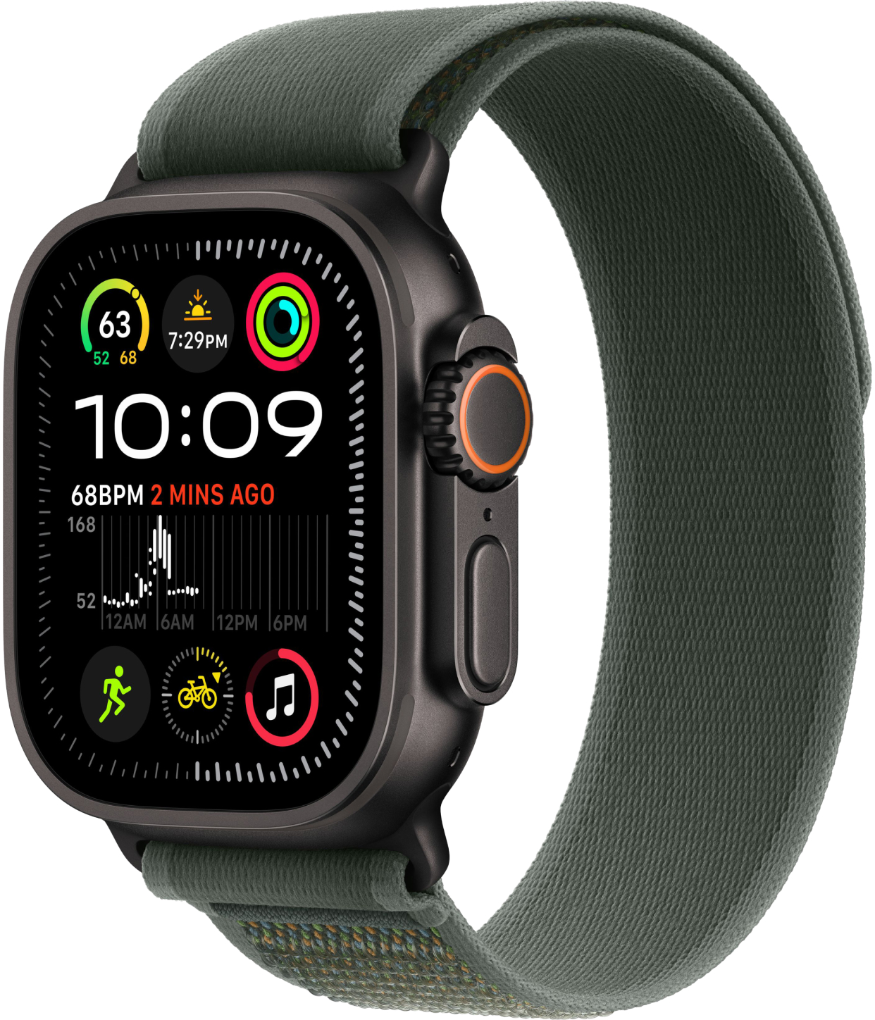 

Apple Watch Ultra 2 GPS + Cellular, 49 мм, корпус из черного титана, ремешок Trail зеленого цвета, размер M/L, Зеленый, Watch Ultra 2 GPS + Cellular, 49 мм, корпус из черного титана, ремешок Trail зеленого цвета, размер M/L