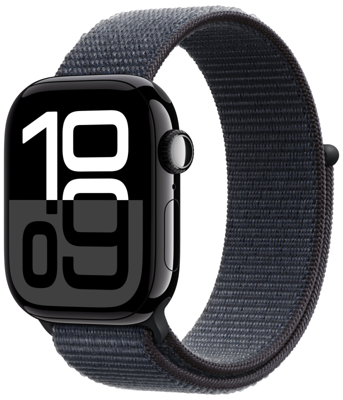  Apple Watch Series 10, 42 мм, корпус из алюминия цвета «черный глянец», спортивный браслет темно-синего цвета