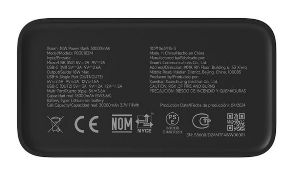 Аккумулятор внешний Xiaomi 18 Вт Power Bank 30000 мАч GL, черный Фото-6