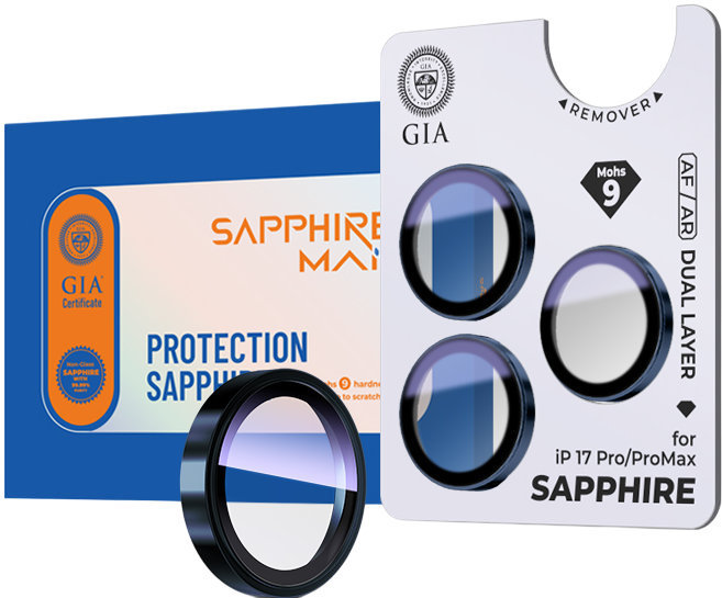 

Сапфировая защита SAPPHIREMAN для линз камеры iPhone 17 Pro/Pro Max, темно-синий, Сапфировая защита для линз камеры iPhone 17 Pro/Pro Max, темно-синий