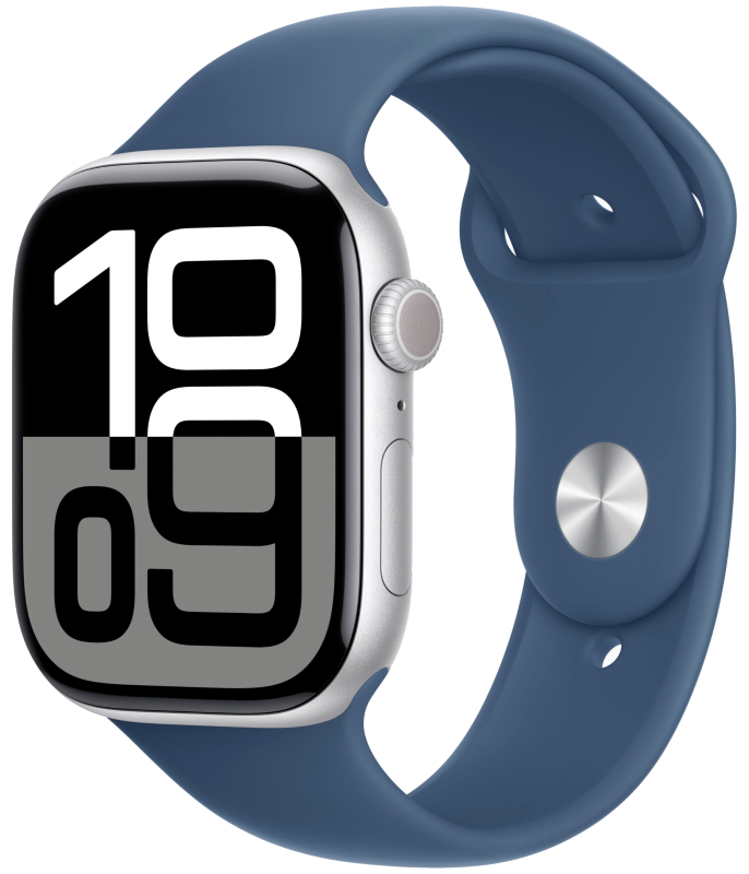   restore Apple Watch Series 10, 46 мм, корпус из алюминия серебристого цвета, спортивный ремешок цвета «синий деним» M/L