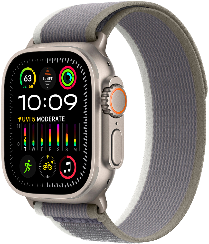 

Apple Watch Ultra 2 GPS + Cellular, 49 мм, корпус из титана, ремешок Trail зеленого/серого цвета, размер S/M, Серый