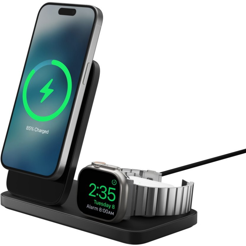 Беспроводное зарядное устройство Nomad Stand One Max 3-in-1 MagSafe, 15Вт, Qi2, чёрный карбид Фото-2