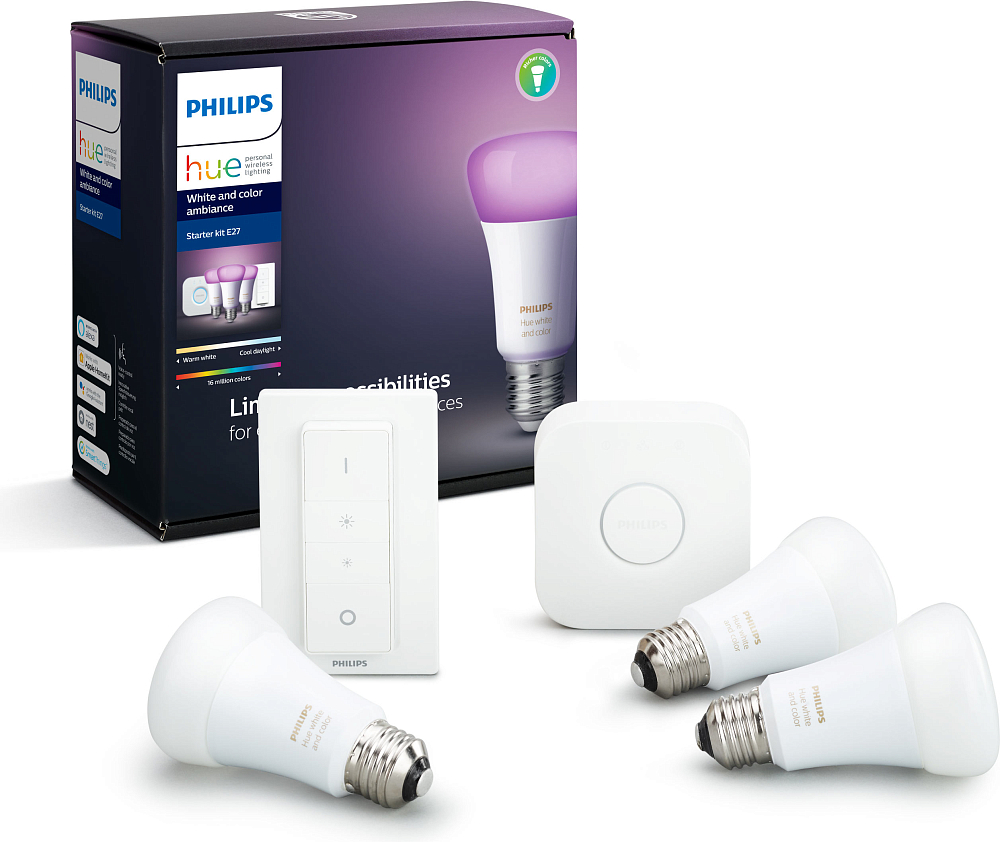 

Philips Комплект Hue: лампа 9W E27, 3 шт + блок управления + пульт управления, Белый