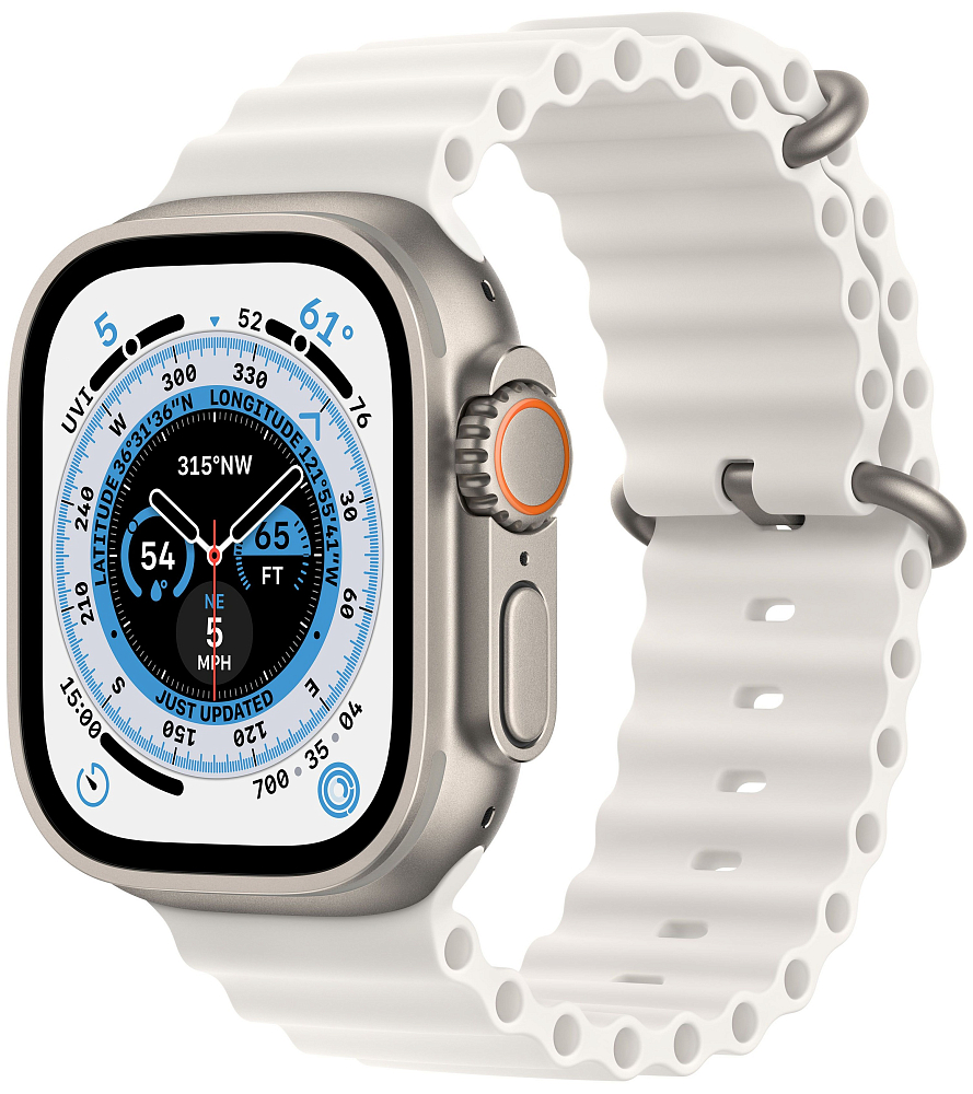 

Apple Watch Ultra GPS + Cellular, 49 мм, корпус из титана, ремешок Ocean белого цвета, Белый