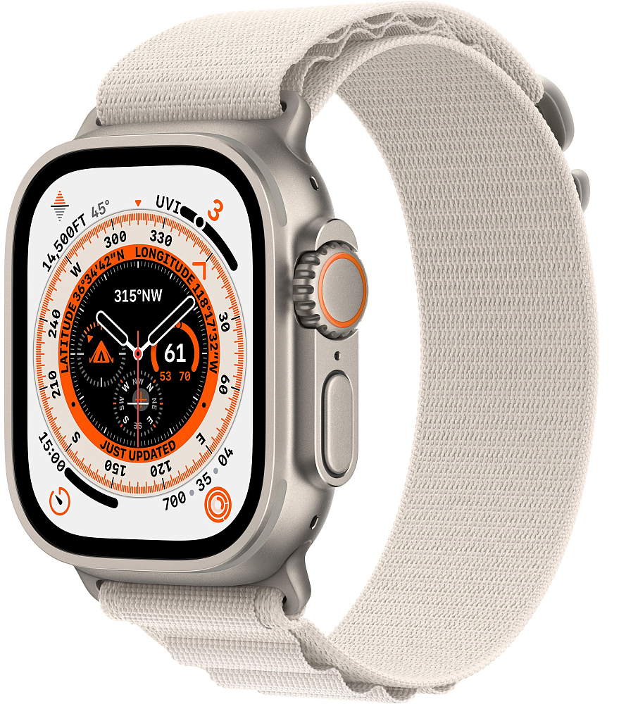 

Apple Watch Ultra GPS + Cellular, 49 мм, корпус из титана, ремешок Alpine цвета «сияющая звезда», размер М