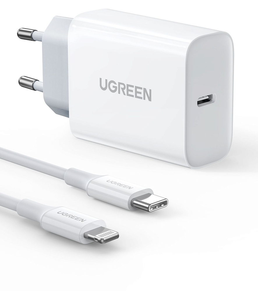 

UGREEN Сетевое зарядное устройство CD137 USB-C и кабель USB-C/Lightning, PD, 20 Вт, белый