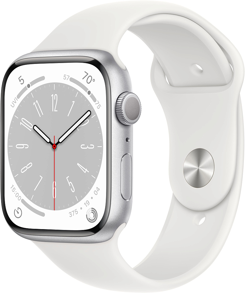 

Apple Watch Series 8, 45 мм, корпус из алюминия серебристого цвета, спортивный ремешок белого цвета, Белый