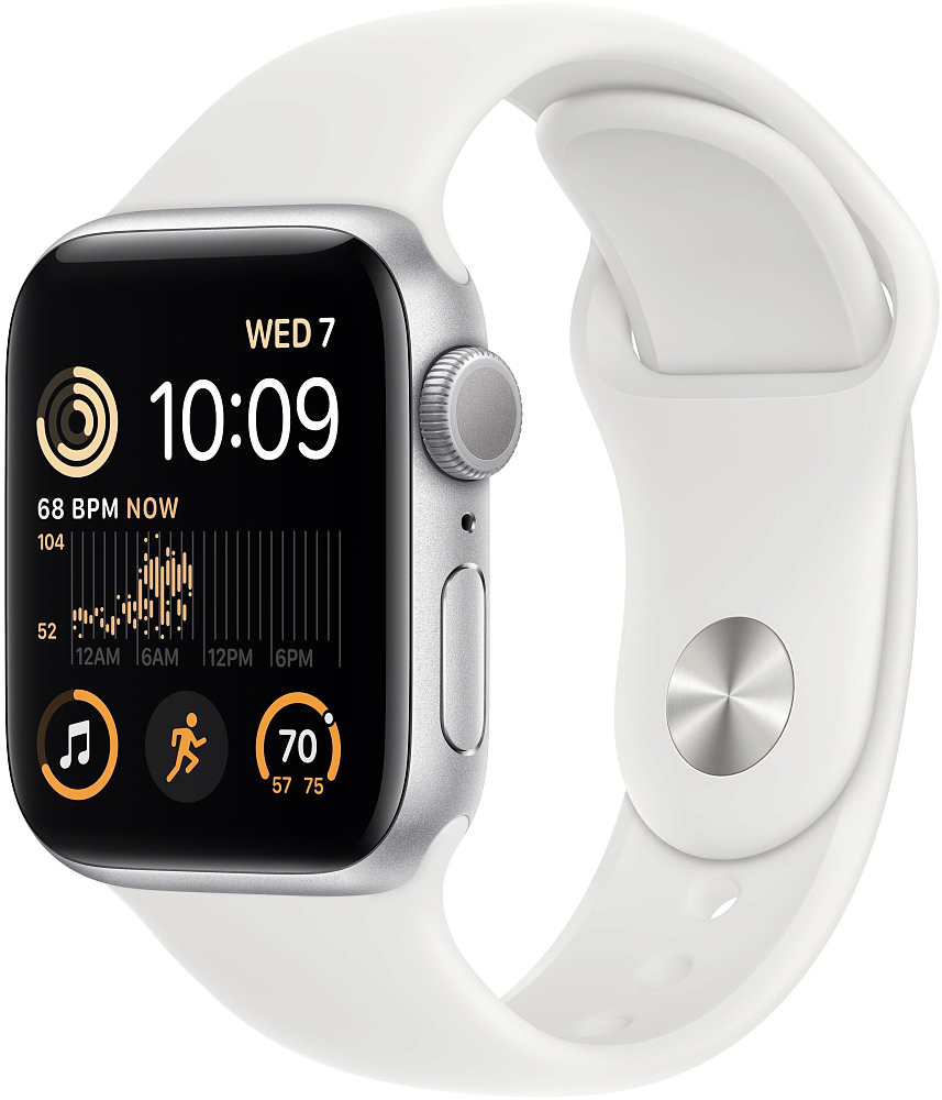 

Apple Watch SE 2022, 40 мм, корпус из алюминия серебристого цвета, спортивный ремешок белого цвета, Белый