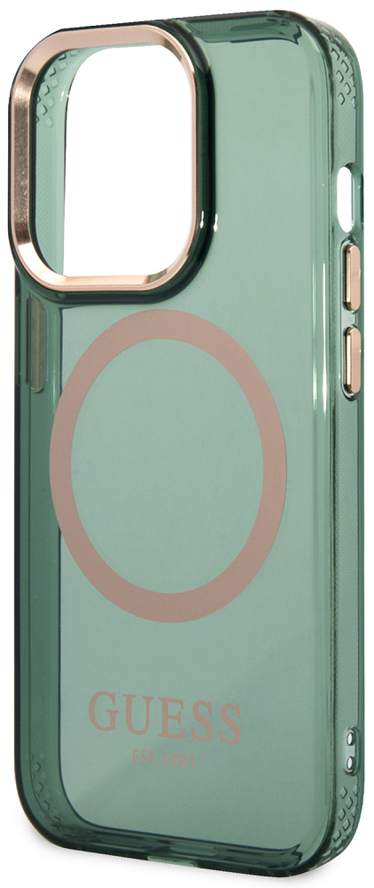 

Guess Чехол Metal MagSafe для iPhone 14 Pro, зеленый/золотой