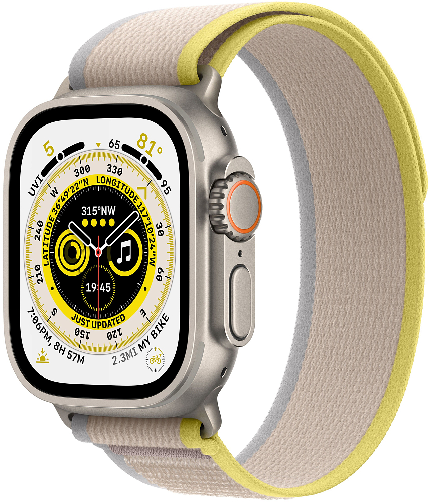 

Apple Watch Ultra GPS + Cellular, 49 мм, корпус из титана, ремешок Trail желтого/бежевого цвета, размер M/L, Желтый/бежевый