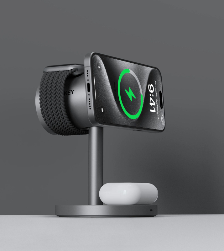 Беспроводное зарядное устройство Aukey 3 in 1 Cooler Qi2, серый Фото-2