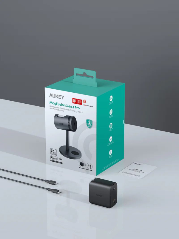 Беспроводное зарядное устройство Aukey 3 in 1 Cooler Qi2, серый Фото-5