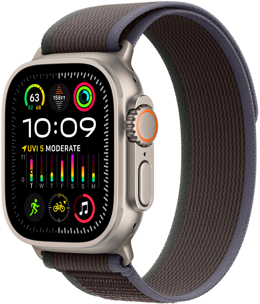

Apple Watch Ultra 2 GPS + Cellular, 49 мм, корпус из титана, ремешок Trail синего/черного цвета, размер S/M, Черный