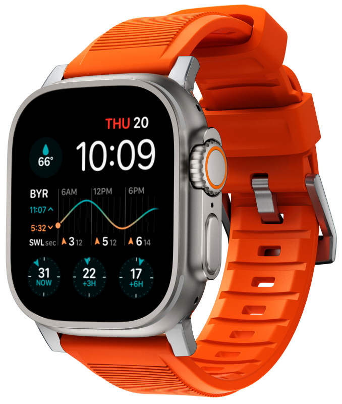 Ремешок Nomad Rugged Band для Apple 42/44/45/49 мм, каучук, cеребристый+оранжевый