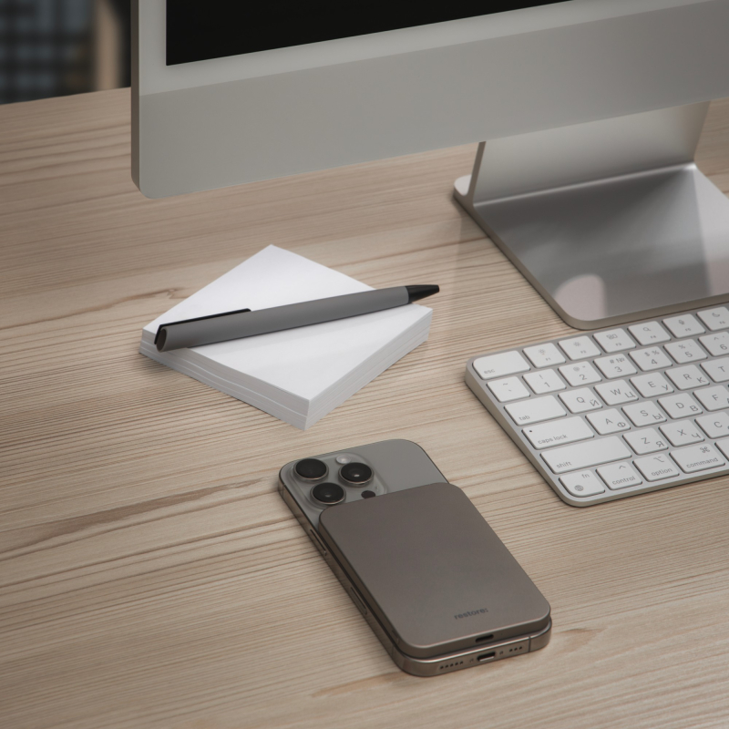 Магнитный беспроводной внешний АКБ restore: hello, world! Magsafe, 10W, 3000 mAh, темно-серый Фото-5
