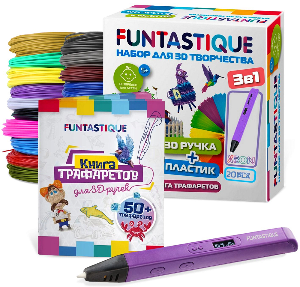 

Funtastique Набор : 3D-ручка XEON фиолетовый + пластик 20 цветов + книга трафаретов