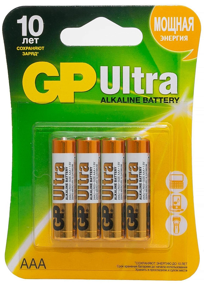 

Батарейки GP Ultra Alkaline 24А, ААА, 4 шт, Батарейки Ultra Alkaline 24А, ААА, 4 шт