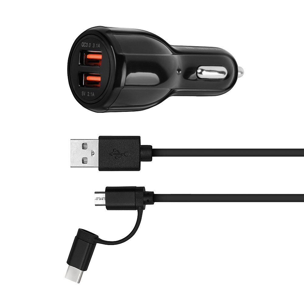 

Автомобильное зарядное устройство с кабелем USB Type C + micro USB, черный