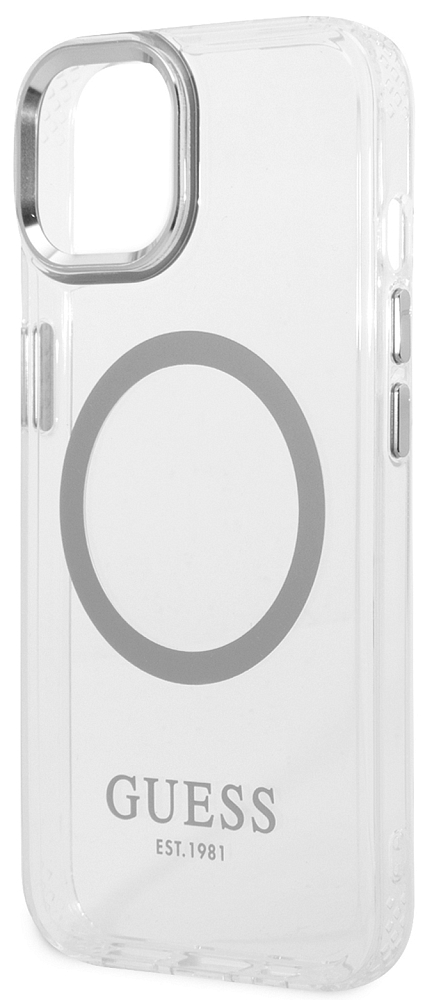 

Guess Чехол Metal MagSafe для iPhone 14 Plus, прозрачный/серебристый