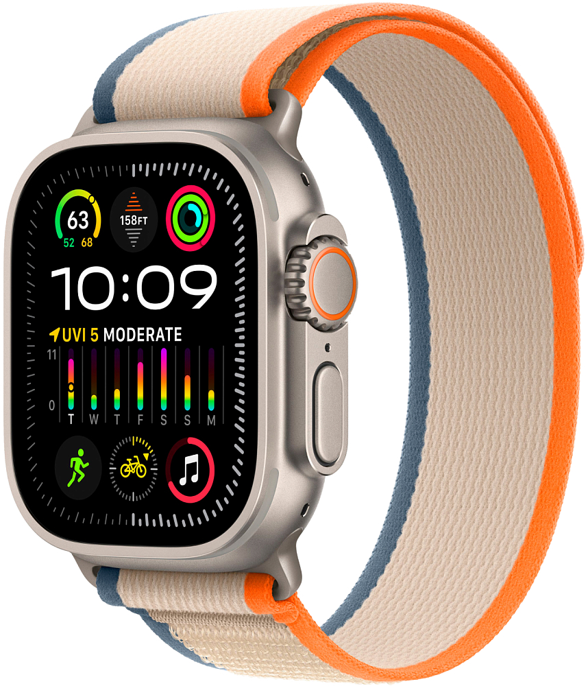 

Apple Watch Ultra 2 GPS + Cellular, 49 мм, корпус из титана, ремешок Trail оранжевого/бежевого цвета, размер S/M, Бежевый